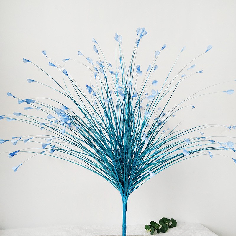 7Pcs Artificial Glitter Peacock Flower Arrangement with Reed Leaves & Onion Grass