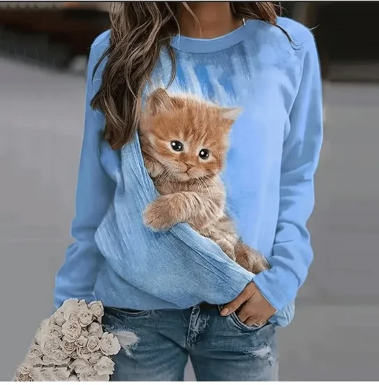 Loose Cat 3D Digital Printing Long Sleeve Crew Neck Sweater Women