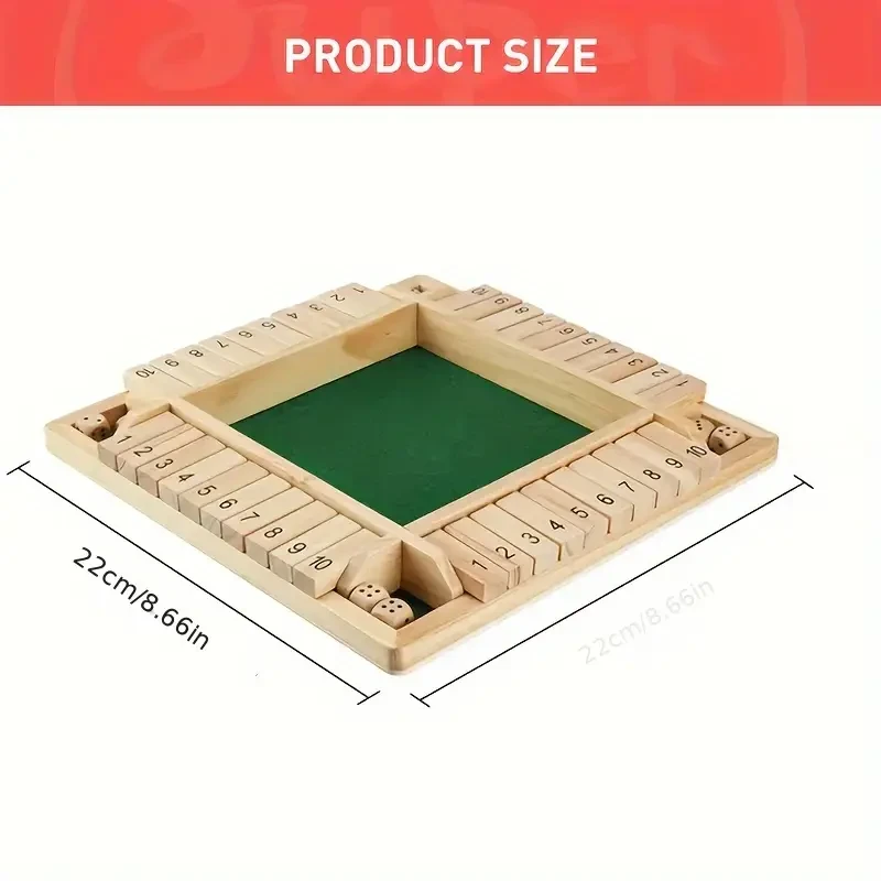 Shut the Box Family Game - 4-Sided Wooden Board with 8 Dices