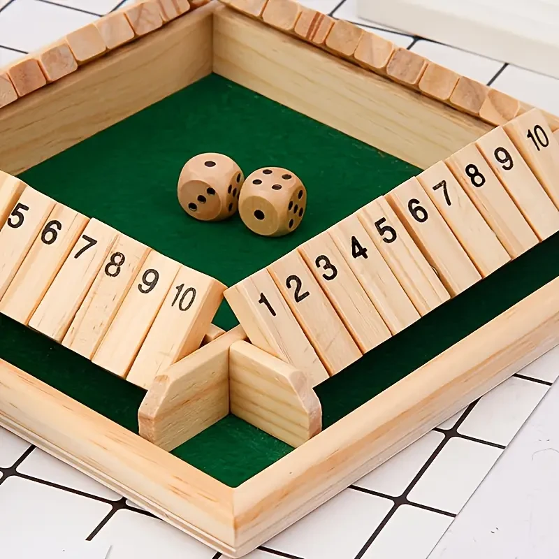 Shut the Box Family Game - 4-Sided Wooden Board with 8 Dices