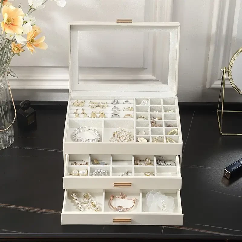 Contemporary 3-Layer Leather Jewelry Organizer Box with Drawers