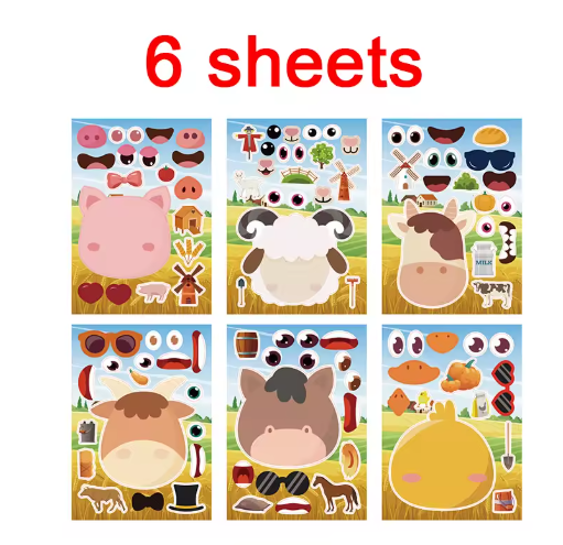 6/24Sheets Farm Animal Make-a-face Kids Stickers DIY Assemble Facial Features Match Stickers Education Toys for Boys Girls Gifts