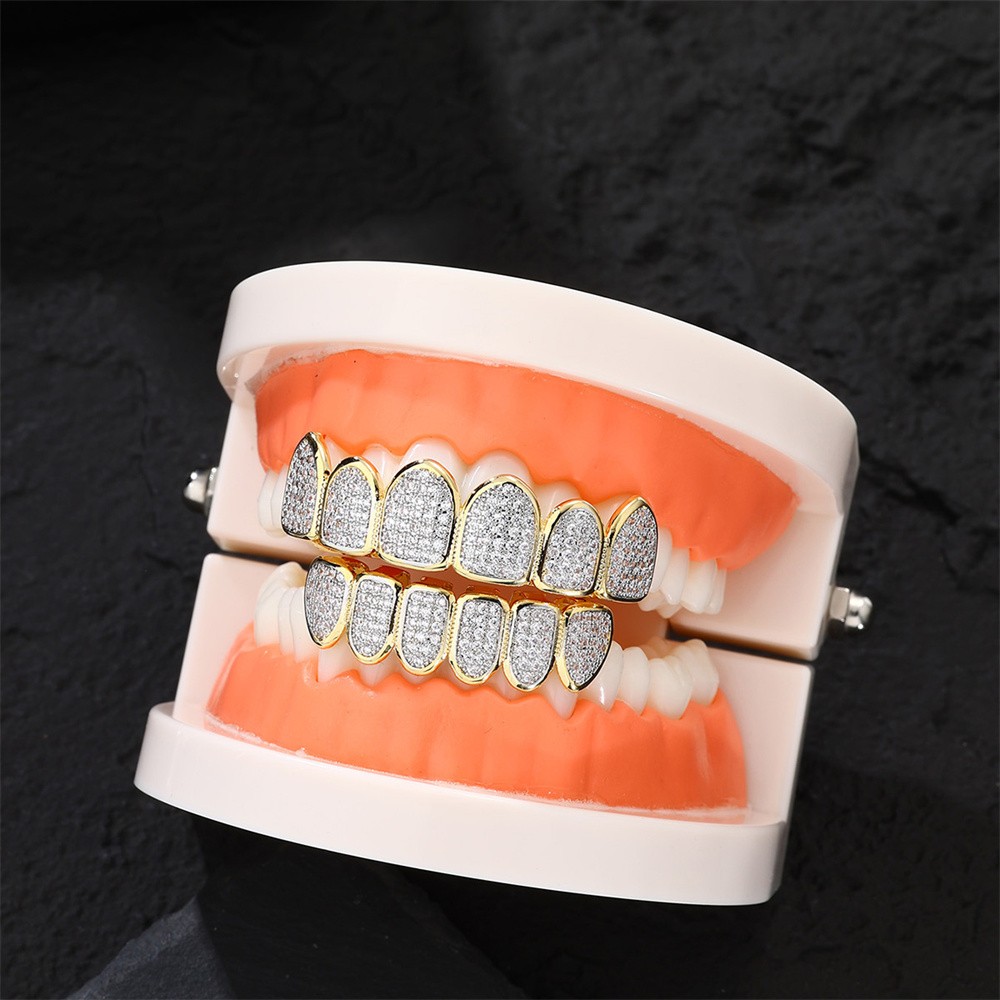 Feel Style Cool Teeth Grillz Set for Unisex Cubic Zirconia Stone Top & Bottom Grillz,