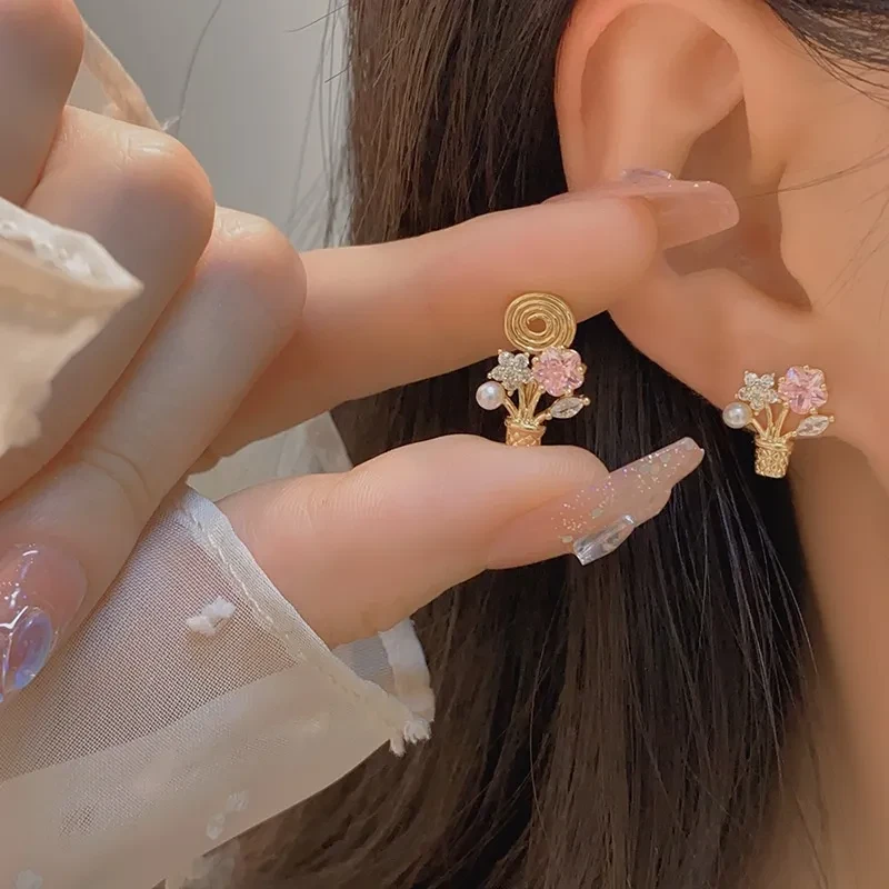Flower Zircon Potted Bouquet Ear Studs Without Pierced Mosquito Coil Female Ear Clip