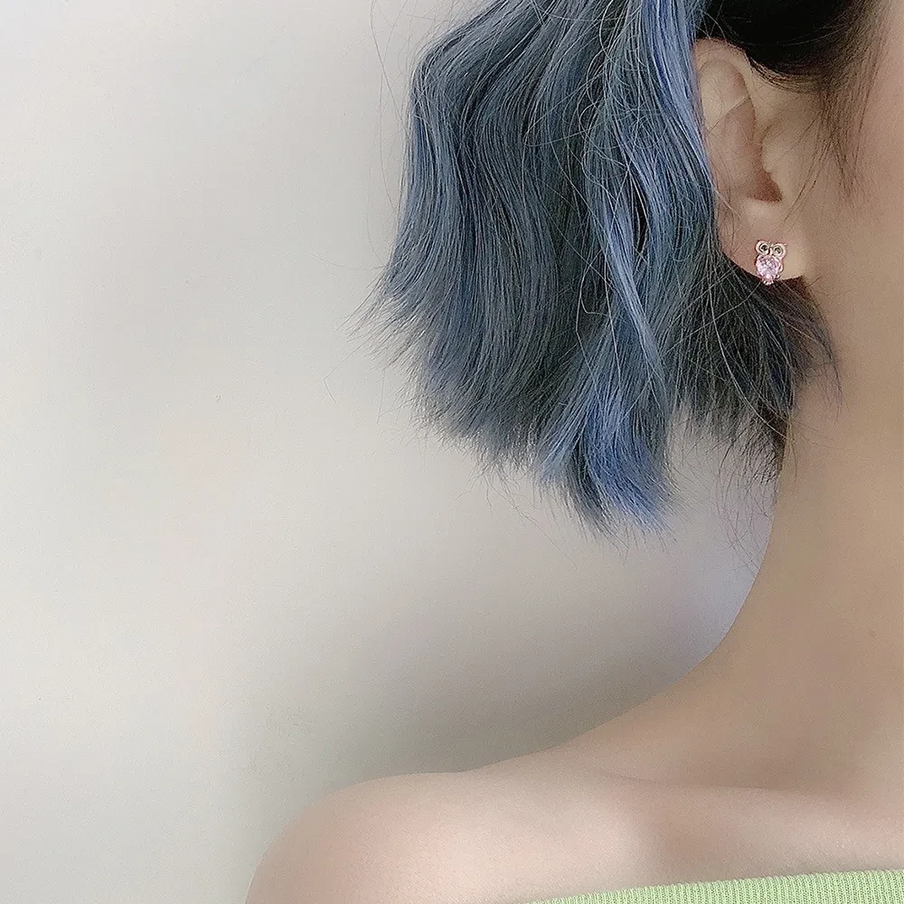 Sterling Silver Owl Zircon Earrings Female Pink Diamond