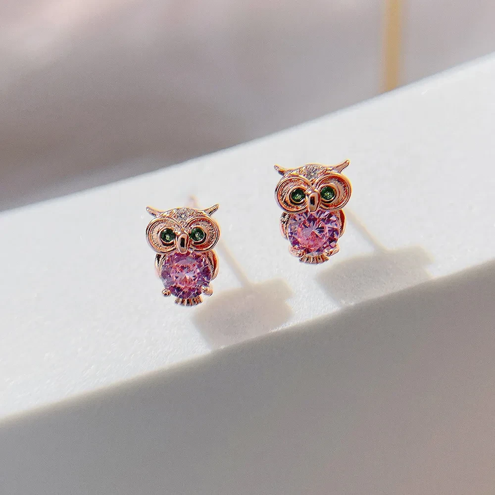 Sterling Silver Owl Zircon Earrings Female Pink Diamond