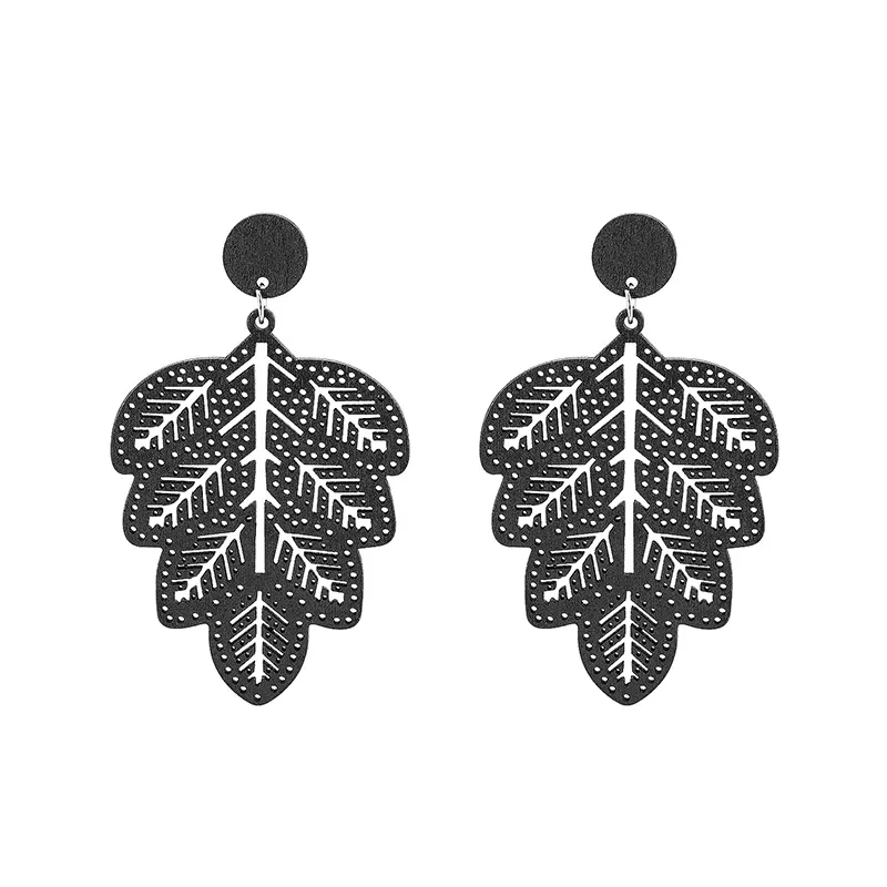 Fashion Natural Wood Leaf Earrings Black