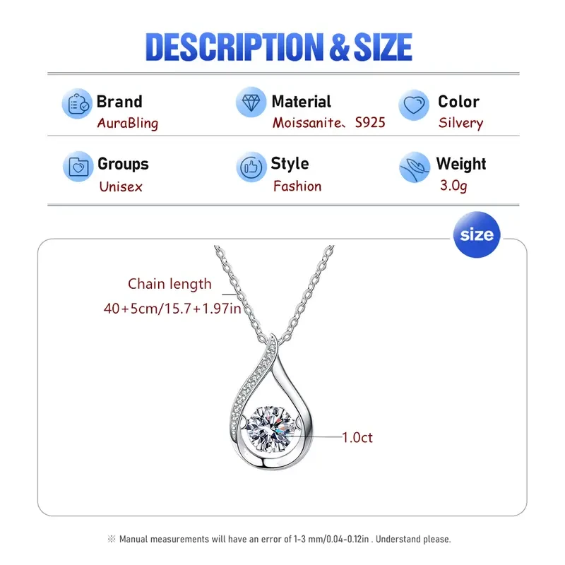 AuraBling Pure Silvery Pendant Moissanite Necklace