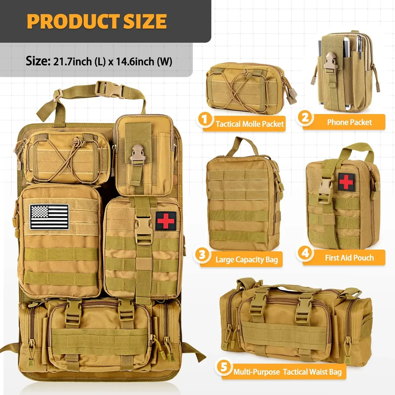 Tactical Backseat Car Organizer + 5 Molle Pouches