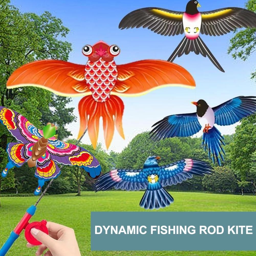Childrens Kite Toy  Cartoon Eagle & Butterfly Foldable Mini Kite with Hand Brake & Fishing Rod