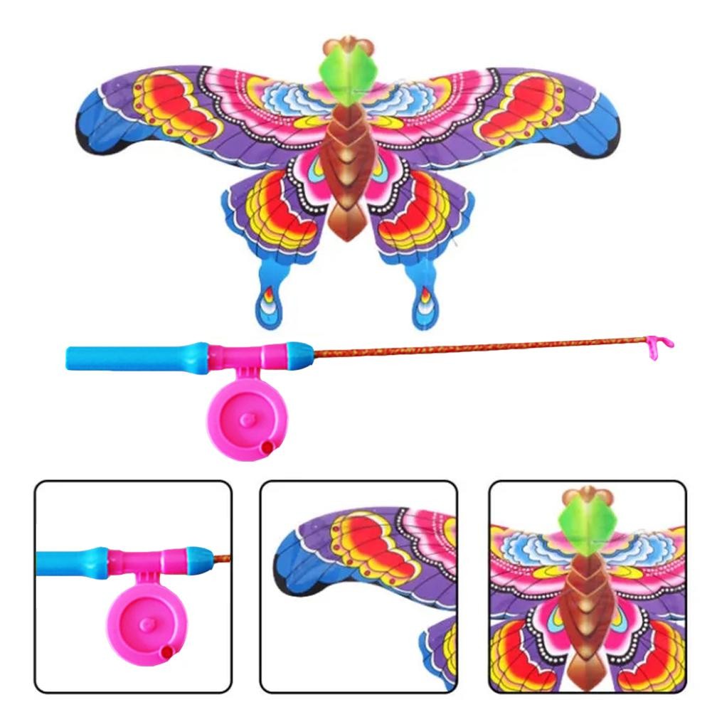 Childrens Kite Toy  Cartoon Eagle & Butterfly Foldable Mini Kite with Hand Brake & Fishing Rod