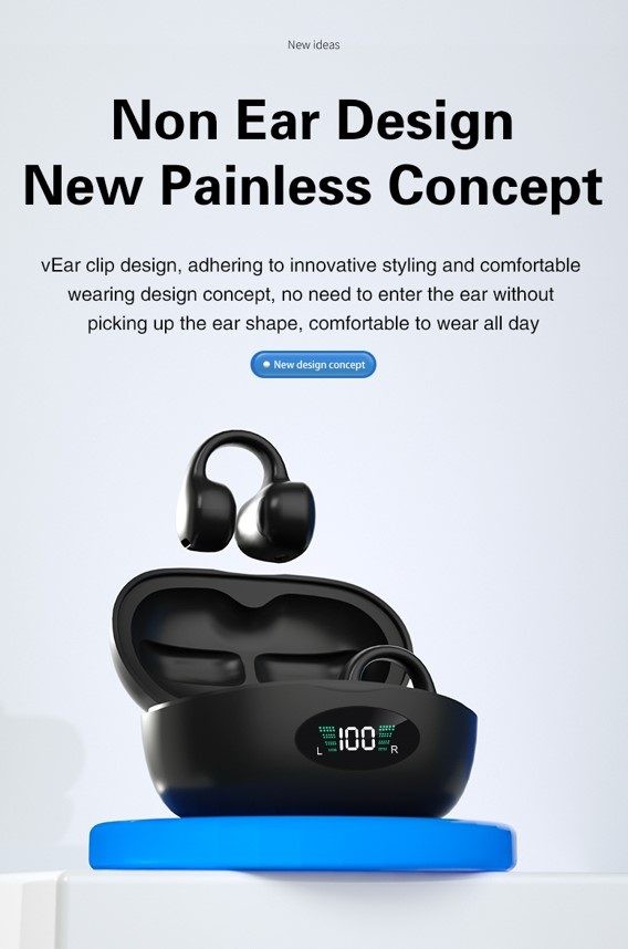 Ear Clip Earphone. HiFi Sound, Bluetooth, Black