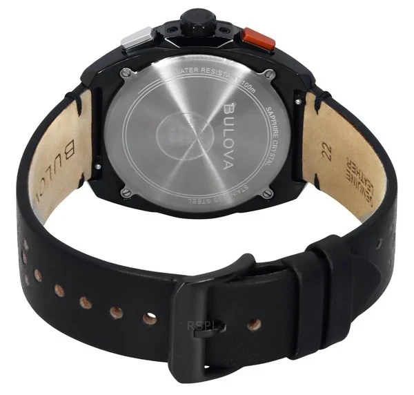 Bulova Racer Chronograph Leather Strap Black Dial Quartz 98B428 100M Men's Watch