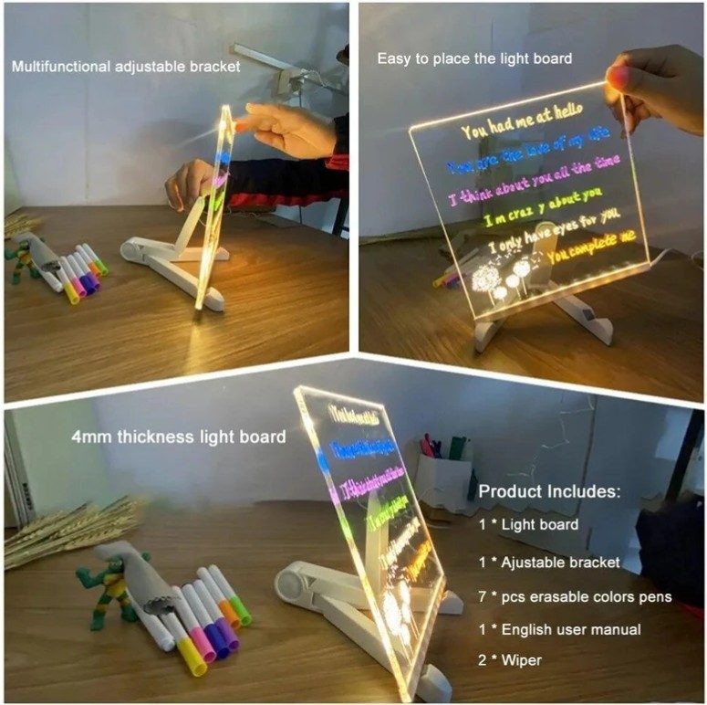 LED Note Board with Colors, Acrylic Dry Erase Board with 7 Colorful Pens