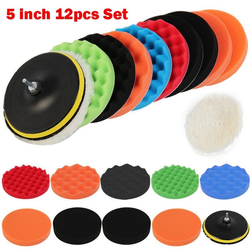 12pcs Car Polishing Pads Sponge Woolen Waxing Buffing Kit 5 inch