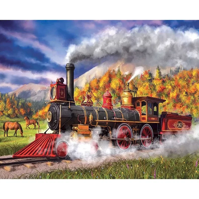 DIY Digital Painting Hand-painted Oil Painting Train Landscape Digital Coloring