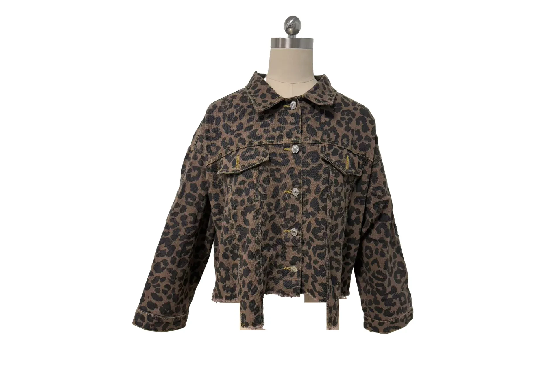 Animal Print Frayed Button Short Denim Coat