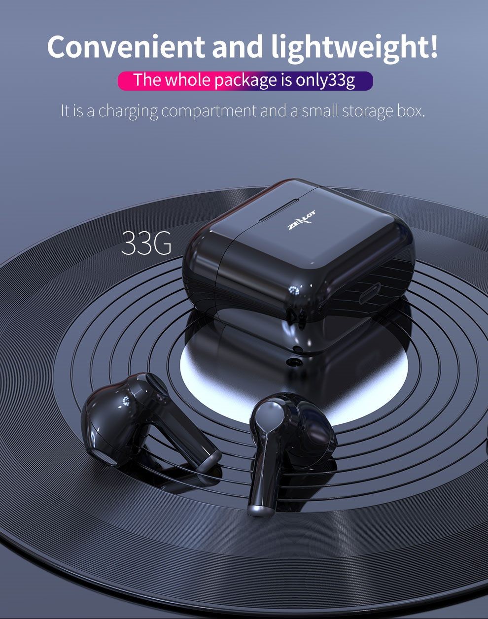 Zealot T3 TWS Wireless Earbuds, Noise Canceling, High Quality Sound, Black