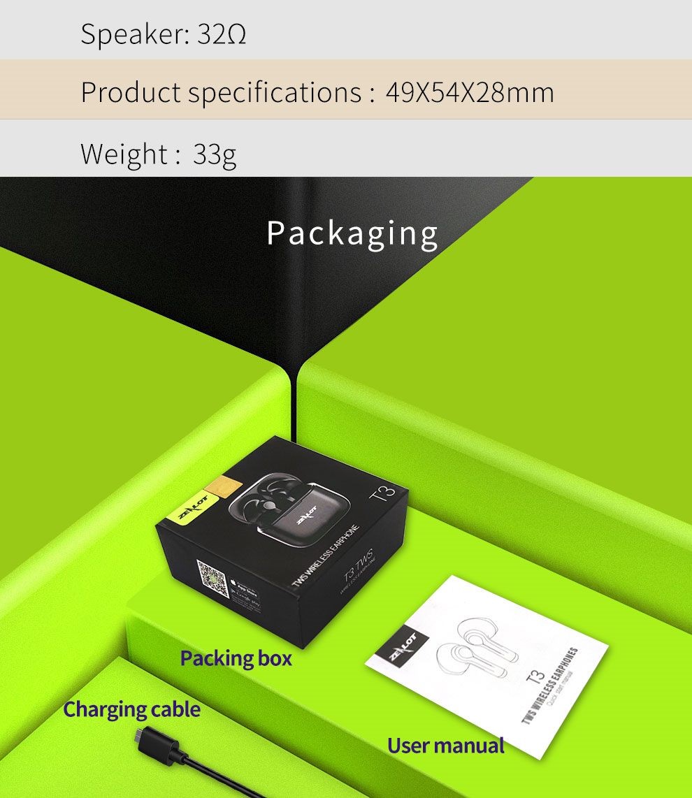 Zealot T3 TWS Wireless Earbuds, Noise Canceling, High Quality Sound, Black