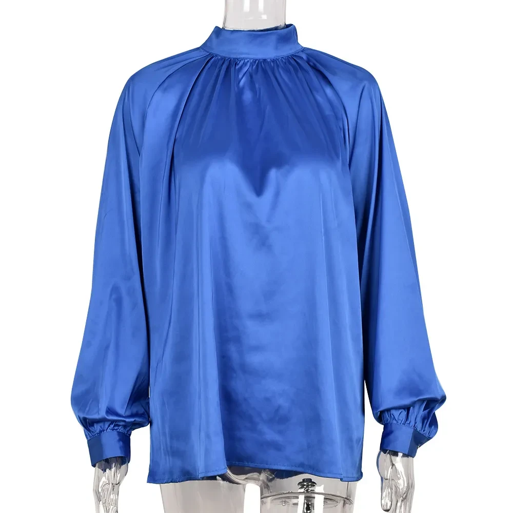 Irregular Stand Collar Stitching Lantern Sleeve Shirt Top