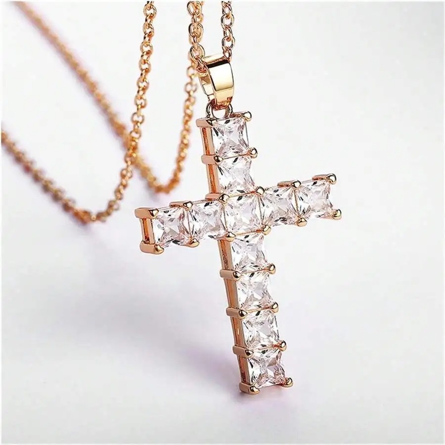 New Fashion Necklaces for Women  Gold Multi-Color Crystal Jesus Cross Pendant Necklace