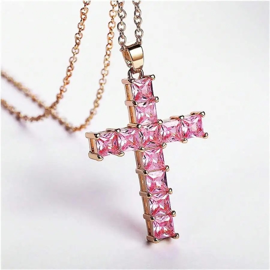 New Fashion Necklaces for Women  Gold Multi-Color Crystal Jesus Cross Pendant Necklace