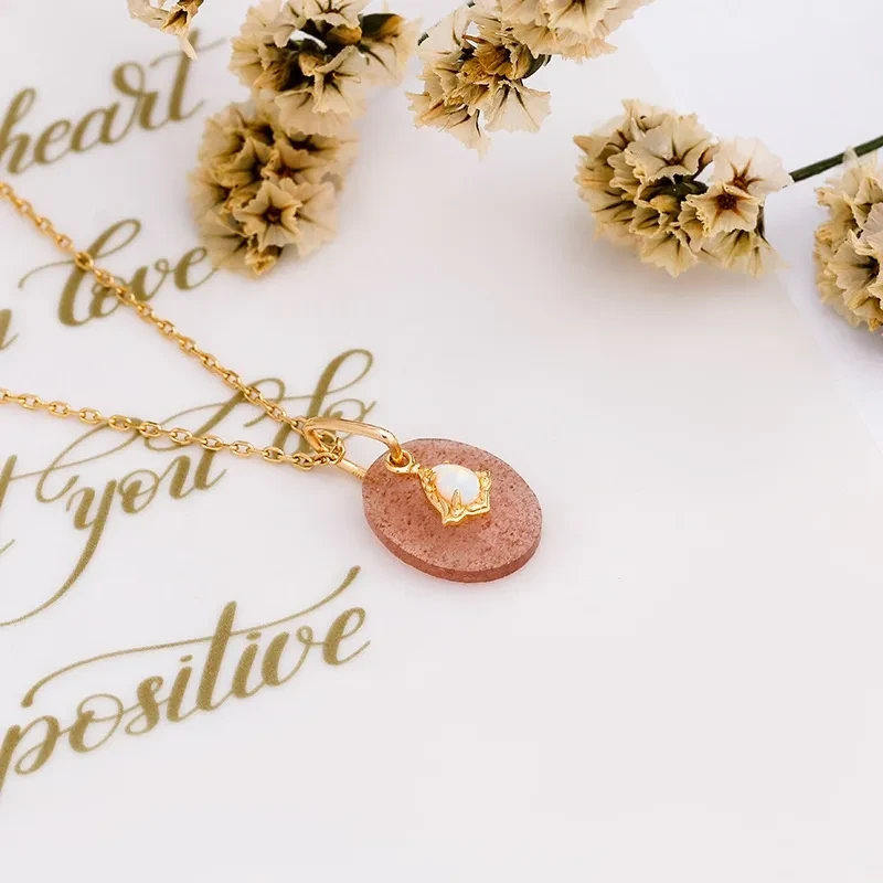 Natural Strawberry Crystal Gemstone Pendant Female 925 Sterling Silver Gold Plated Pendant
