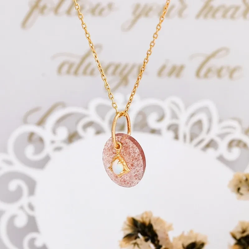 Natural Strawberry Crystal Gemstone Pendant Female 925 Sterling Silver Gold Plated Pendant