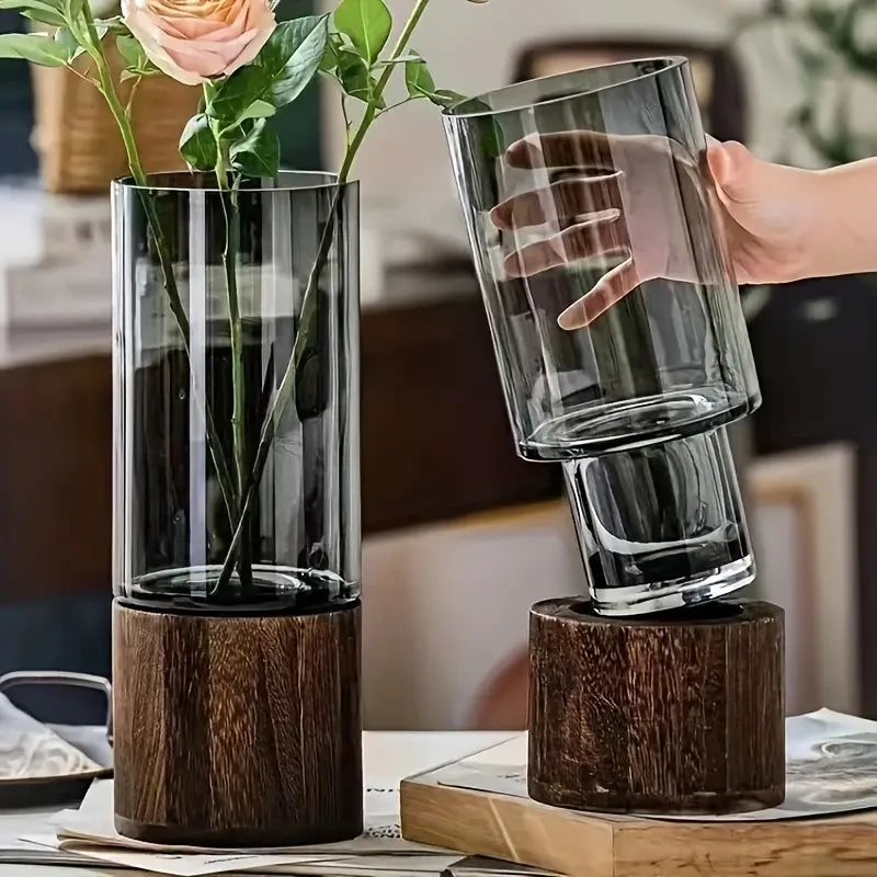 Elegant Glass Vase with Wooden Base