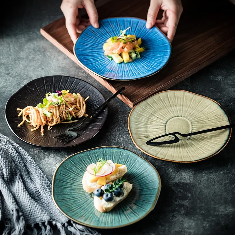 Retro Western Food Household Ceramic Oak Shallow Plate Restaurant