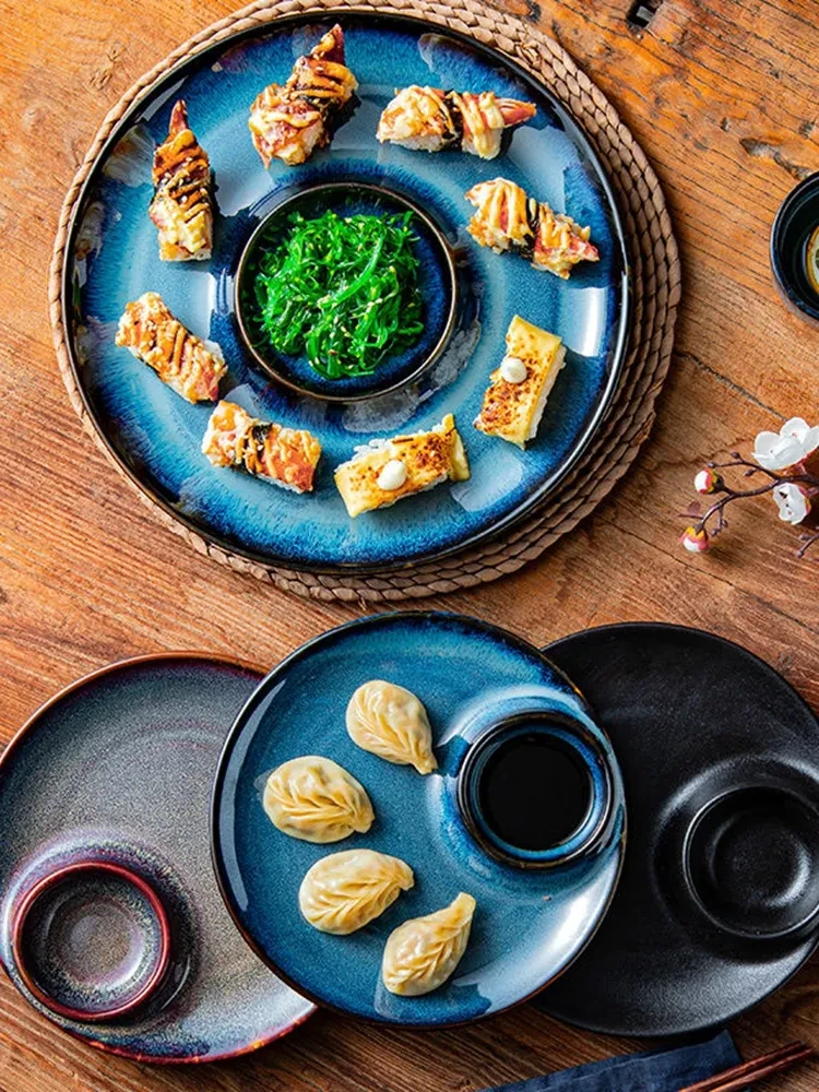 Dumpling Plate With Vinegar Dish Creative Round Underglaze Color Divided Plate