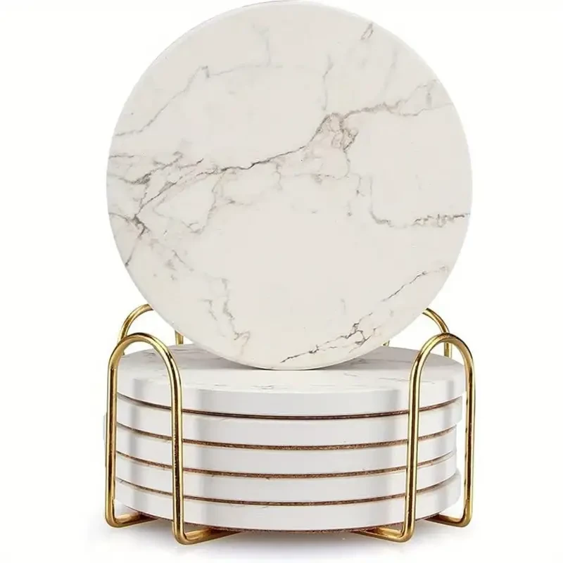 6pcs White Marble Ceramic Coaster Set with Golden Holder