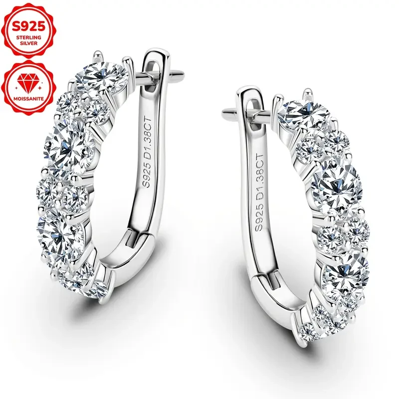 1 Pair Elegant 925 Sterling Silver Hoop Earrings with 4mm*8pcs & 2mm*12pcs Synthetic Moissanite Stones