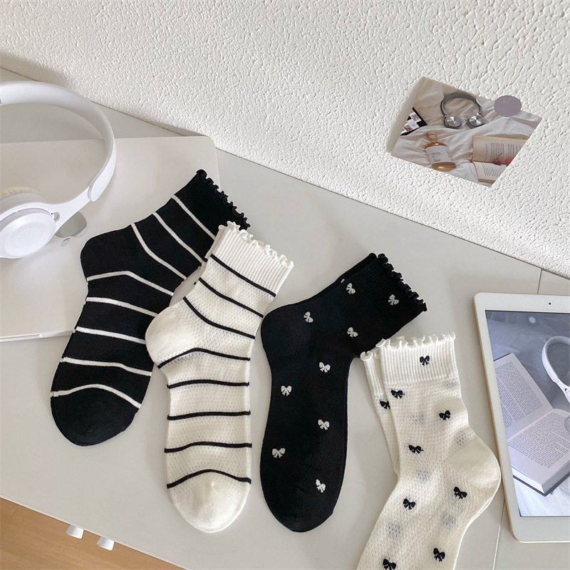 Black And White Openwork Breathable Women's Small Mid-calf Lace Women's Socks