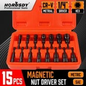 15pc Magnetic Hex Nut Driver Set 1/4" Shank SAE & Metric Power Drill Bit
