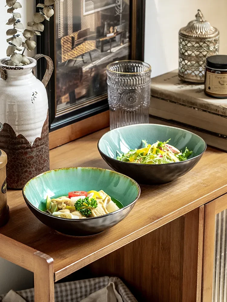 Retro 7-inch Crackle Glaze Salad Shaped Ceramic Bowl