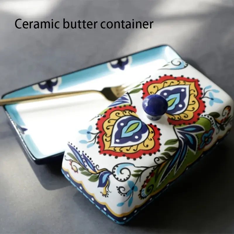 1 Set of Hand-Painted Ceramic Butter Dish with Lid