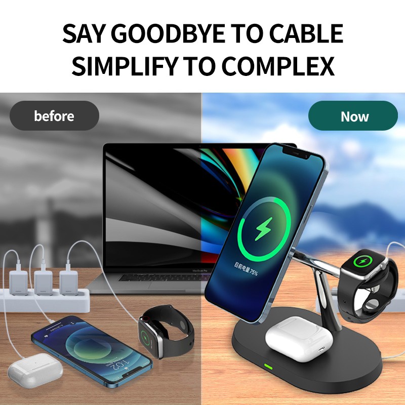 3-in-1 Magnetic Wireless Charger Stand - Fast Charging Station for iPhone, Apple Watch, and AirPods