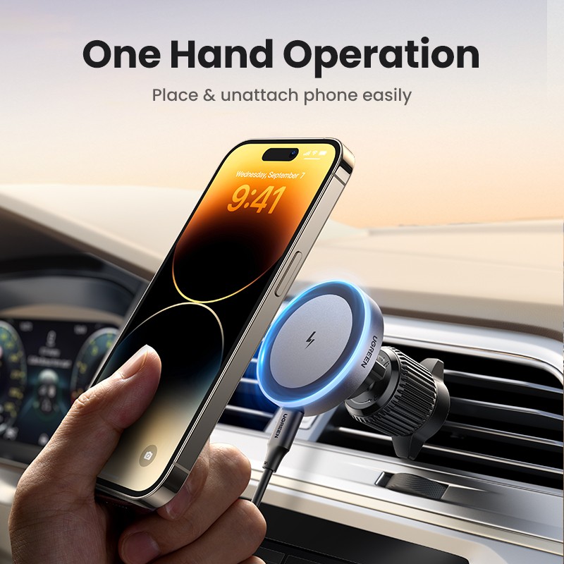 UGREEN Magnetic Car Phone Holder Wireless Charger Stand for iPhone 15, 14, 13 Pro Max
