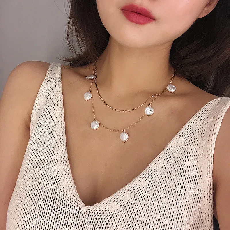 Pearl pendant multilayer necklace female