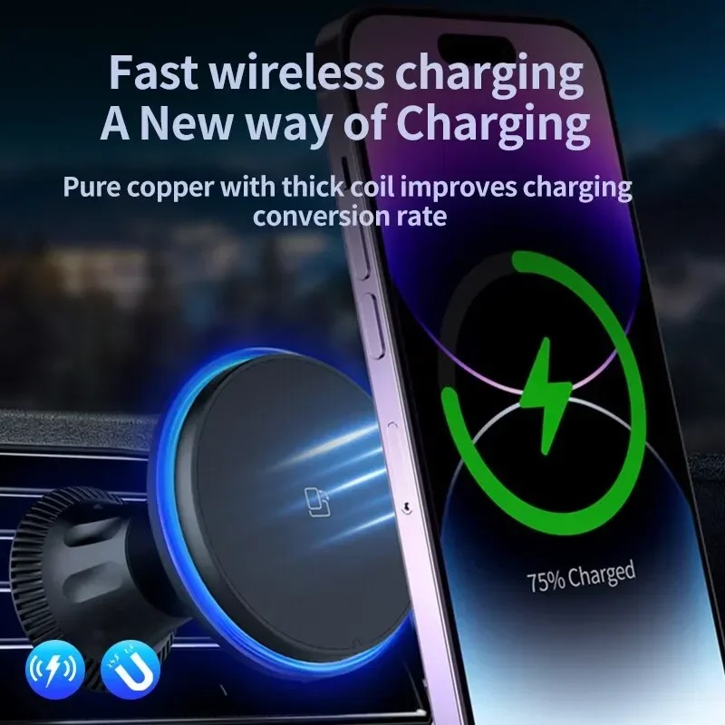 30W Magnetic Car Wireless Charger RGB - Fast Charging Phone Holder Stand Mount for iPhone 12, 13, 14, 15 Pro Max