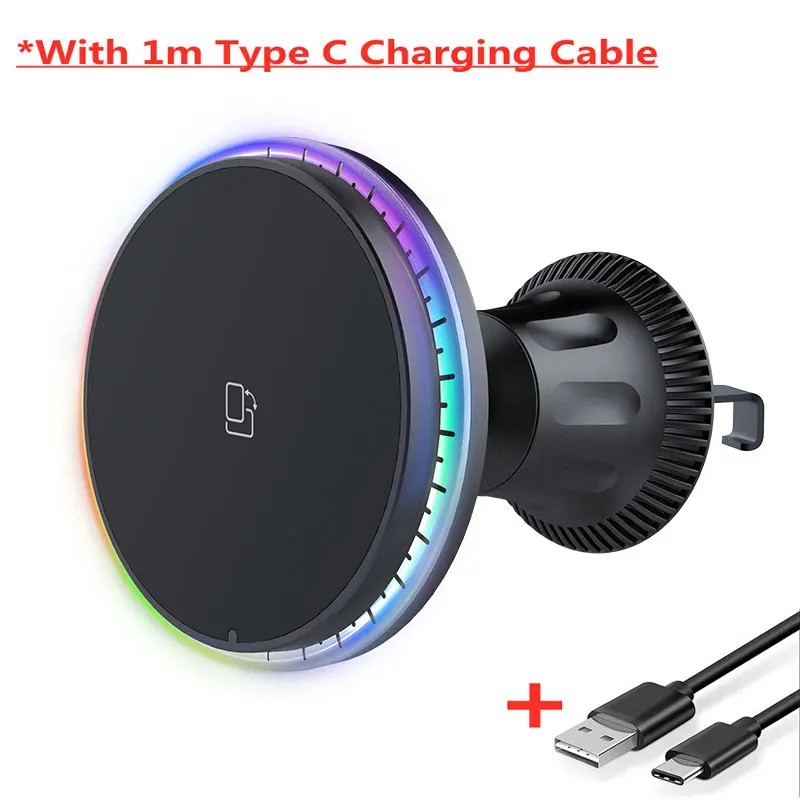 30W Magnetic Car Wireless Charger RGB - Fast Charging Phone Holder Stand Mount for iPhone 12, 13, 14, 15 Pro Max