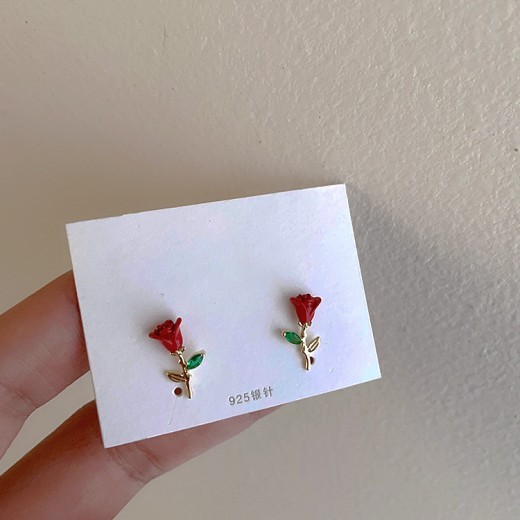 Drop Oil Zircon Metal Rose Stud Earrings