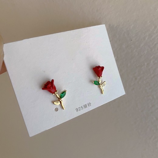 Drop Oil Zircon Metal Rose Stud Earrings