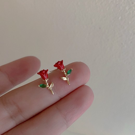 Drop Oil Zircon Metal Rose Stud Earrings