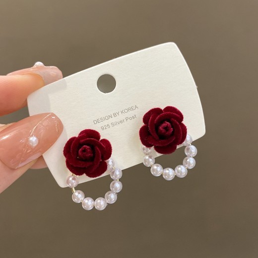 Silver Pin Flocking Wine Red Rose Earrings