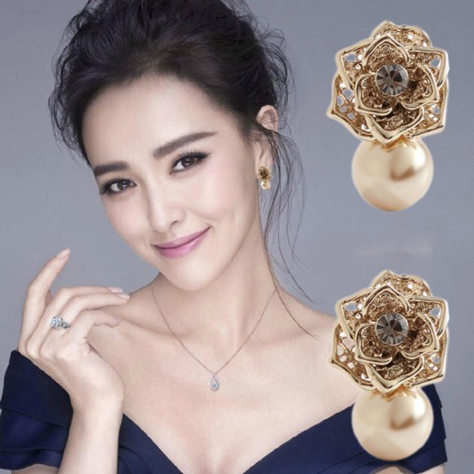 Sterling Silver Rose Rhinestone Pearl Earnail Lady