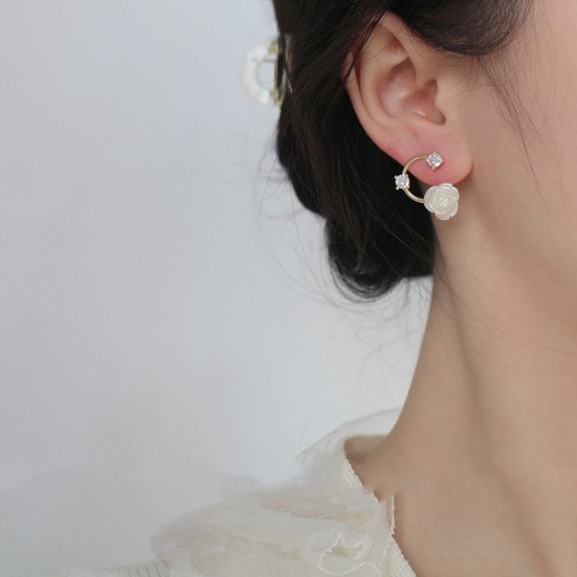 White Rose Rhinestone Silver Stud Earrings Simple French