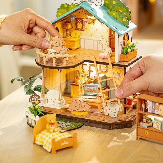 ROBOTIME DIY Miniature Dollhouse Kit - Puppy's Cozy Villa With LED Lights And Furniture, Wooden Model Building Set For Adults And Kids, Creative Gift For Leisure Time