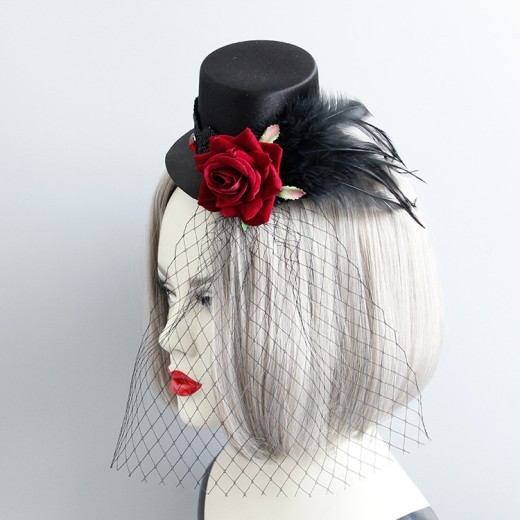 Gothic Punk Vintage Red Rose Feather Mesh Head Accessories